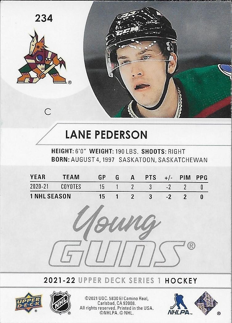 Signed Lane Pederson 2021-22 Upper Deck Young Guns Arizona Coyotes Rookie Card