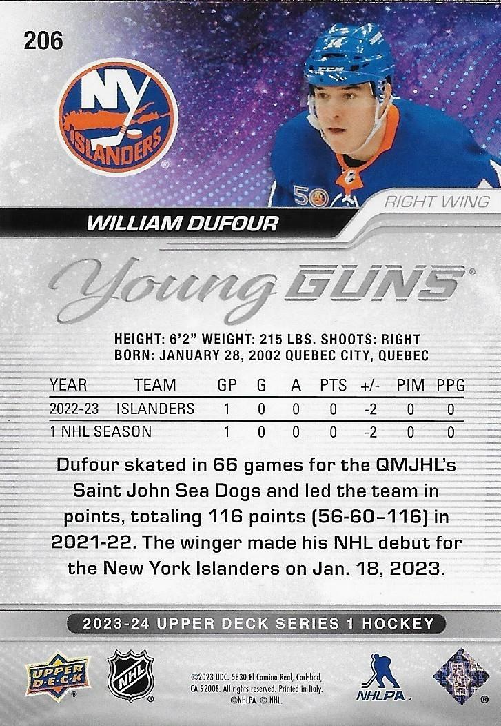 Signed William Dufour 23/24 UD Young Guns New York Islanders Rookie Card