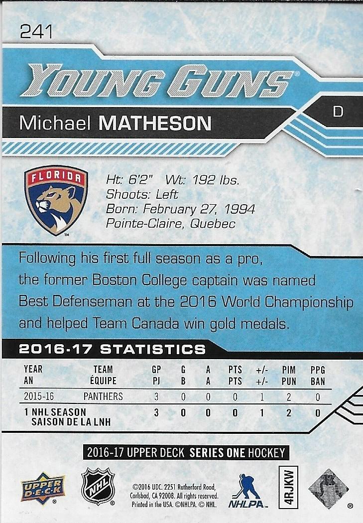 Signed Michael Matheson Young Guns 16-17 UD Florida Panthers Crd Private Signing