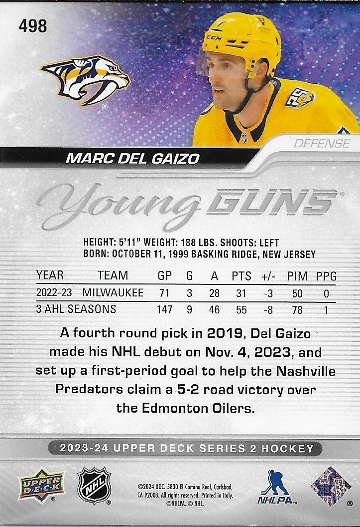 Signed Marc Del Gaizo Young Guns UD 23-24 Silver Outburst Predators Rookie Card