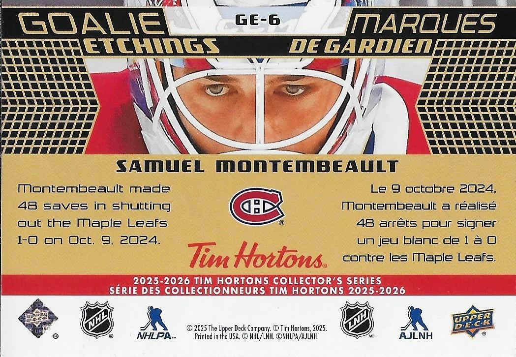 Signed Samuel Montembeault 25/26 UD Tim Hortons Goalie Etchings Montreal Card