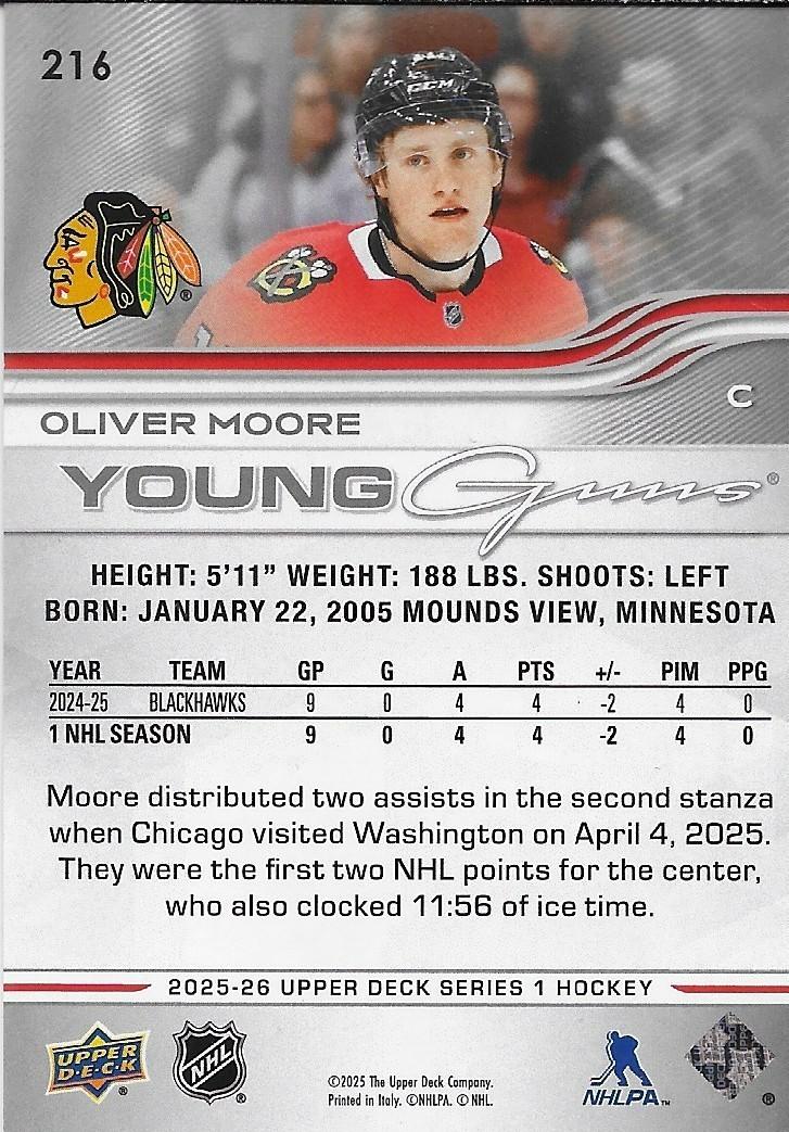 Signed Oliver Moore Young Guns 2025-26 UD Chicago Blackhawks Rookie Card