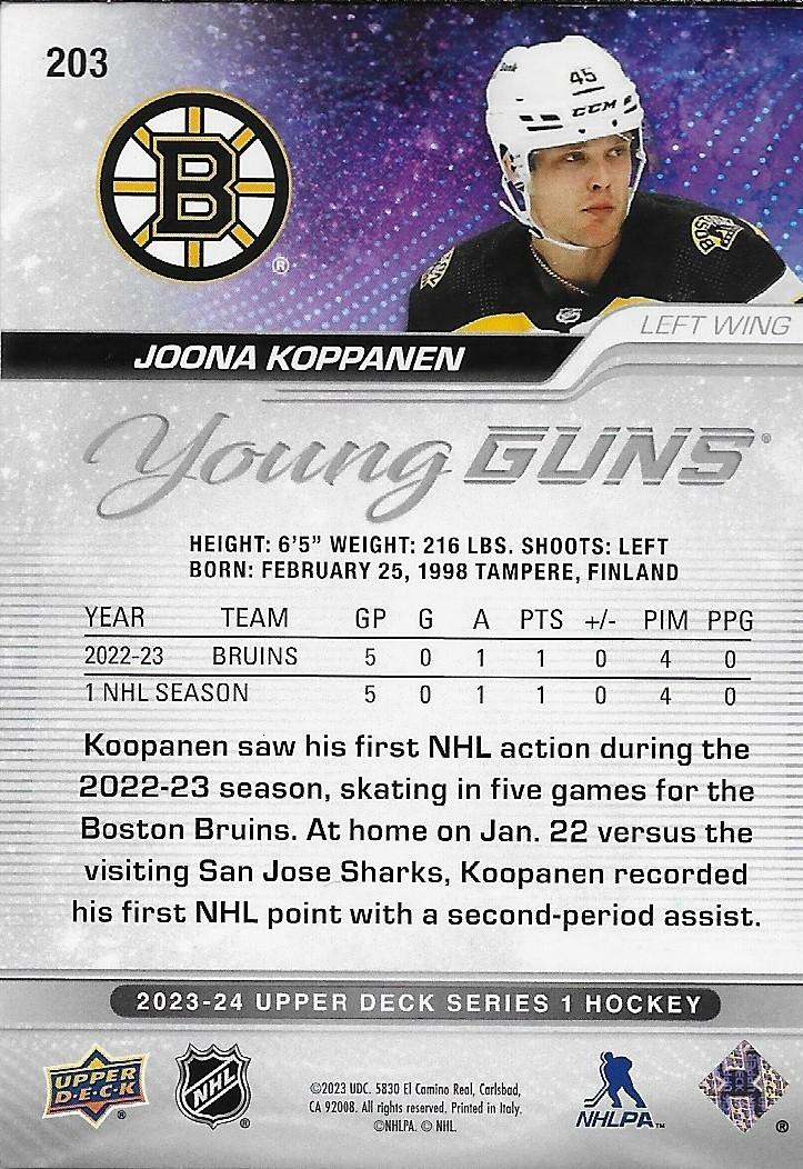 Signed Joona Koppanen Young Guns UD 2023-24 Boston Bruins Rookie Card