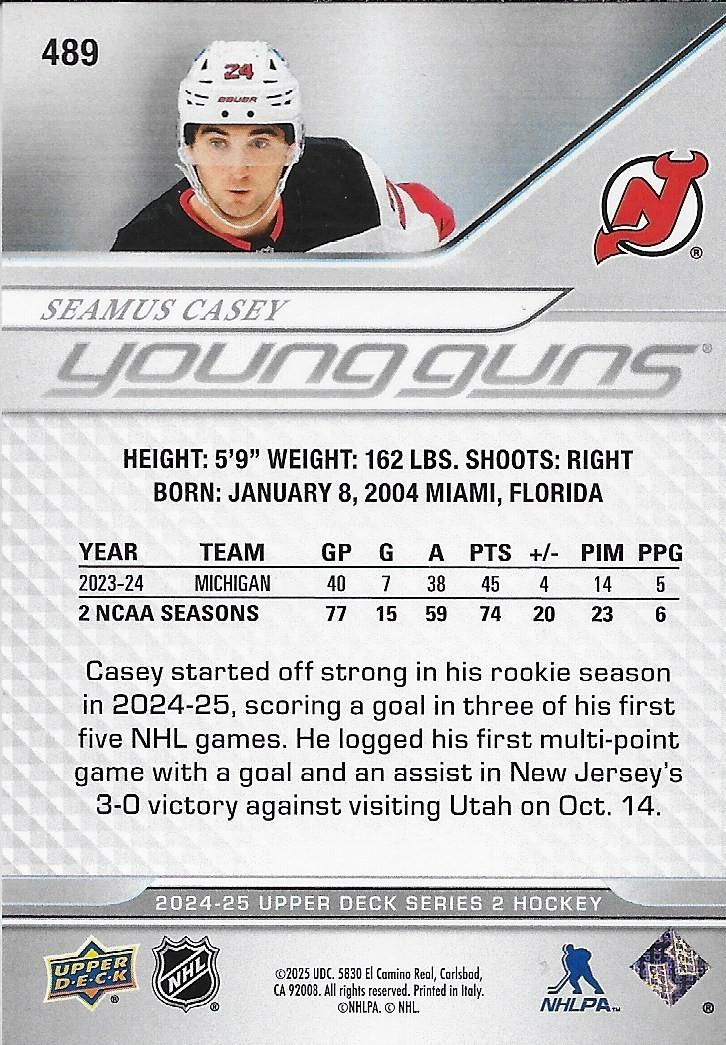 Signed Seamus Casey Young Guns 2024/25 UD New Jersey Devils Rookie Card