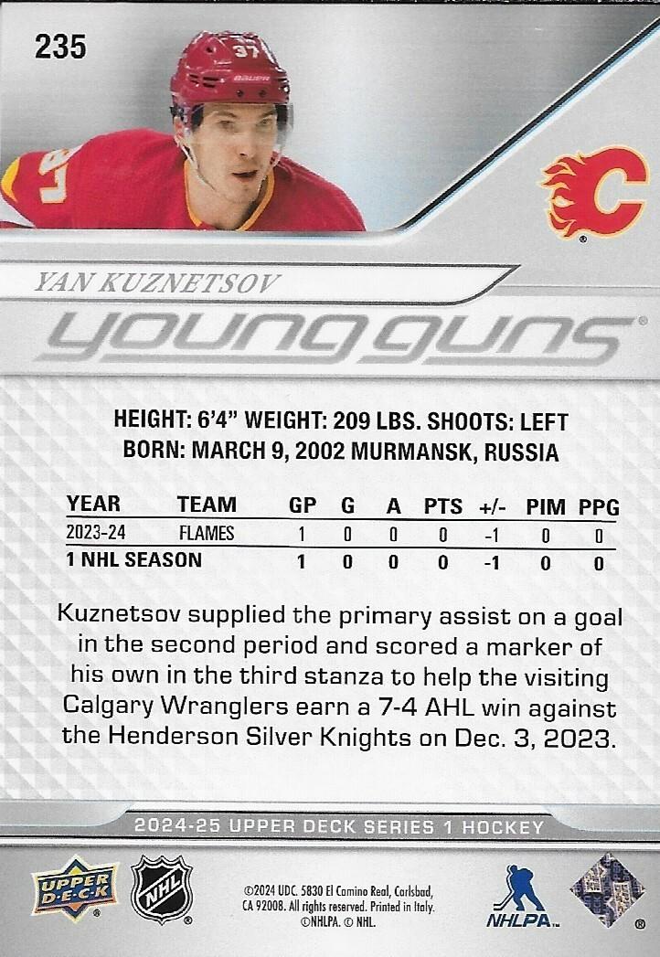 Signed Yan Kuznetsov Young Guns 2024/25 UD Calgary Flames Rookie Card #1