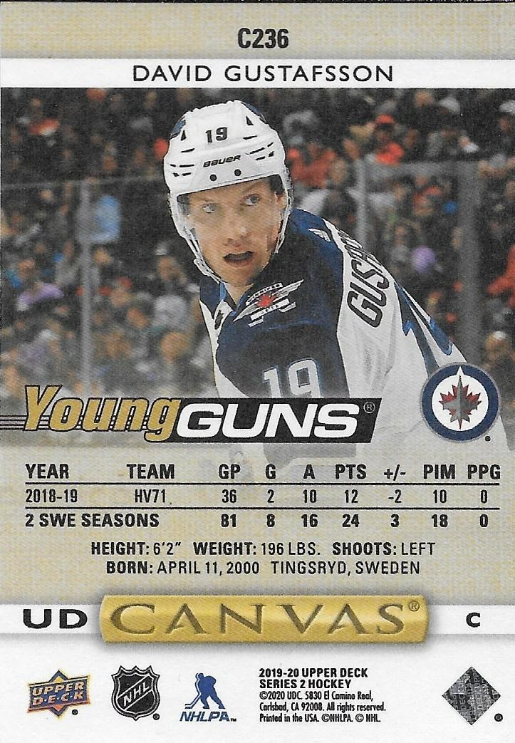 Signed David Gustafsson Young Guns Canvas 2019-20 UD Winnipeg Jets Rookie Card