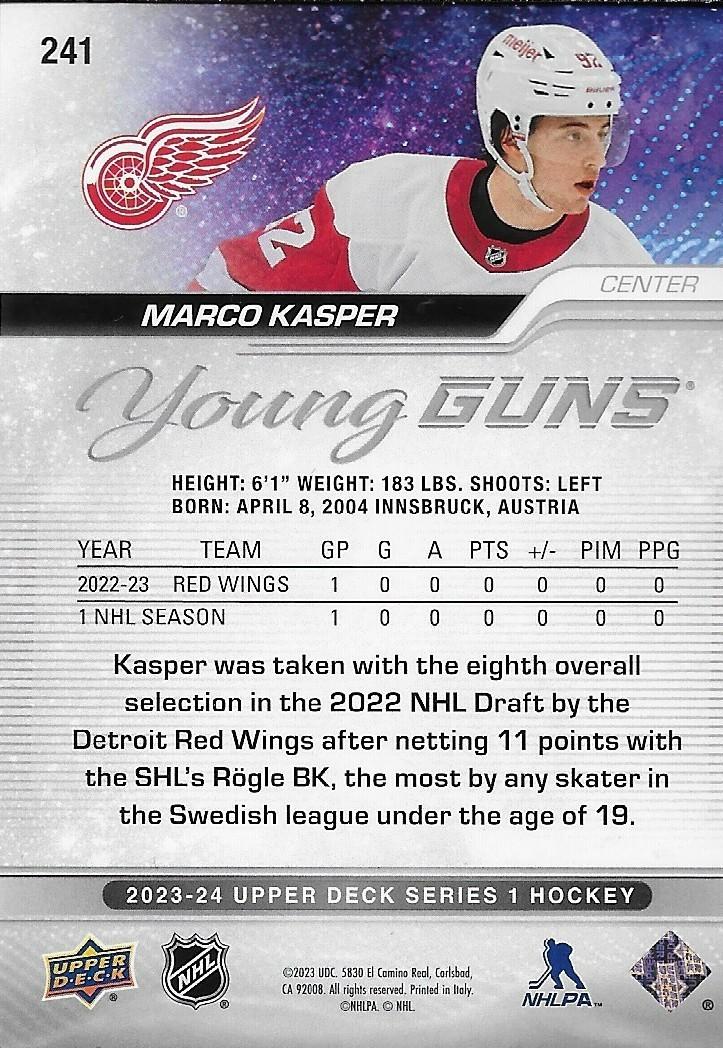 Signed Marco Kasper Young Guns 2023-24 UD Detroit Red Wings Rookie Card