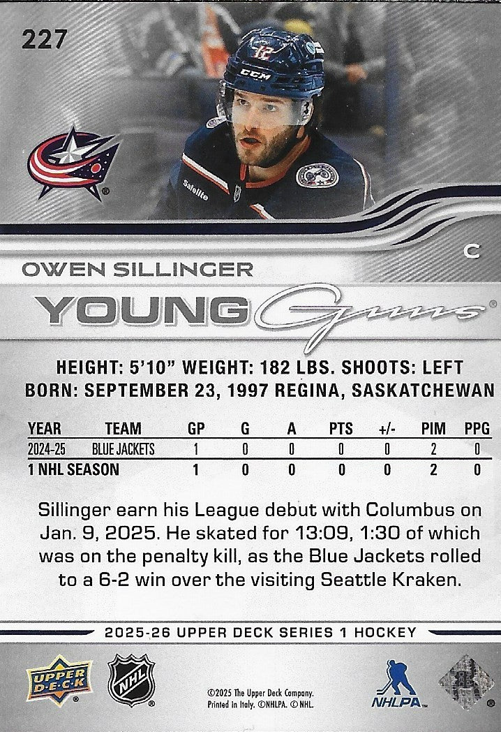 Signed Owen Sillinger  Young Guns 25-26 UD Columbus Blue Jackets Rookie Card