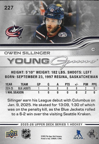 Signed Owen Sillinger  Young Guns 25-26 UD Columbus Blue Jackets Rookie Card