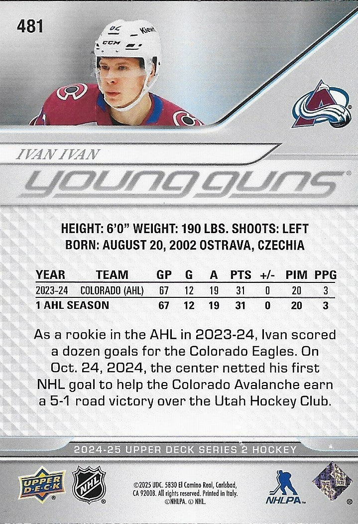 Signed Ivan Ivan Young Guns 2024-25 UD Colorado Avalanche Rookie Card