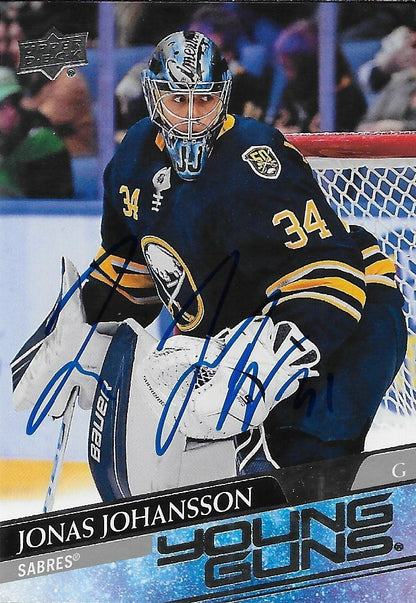 Signed Jonas Johansson Young Guns 20-21 Upper Deck Buffalo Sabres Rookie Card