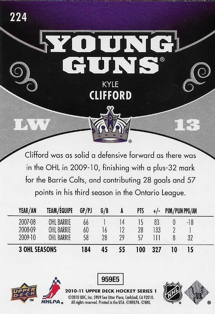 Signed Kyle Clifford Young Guns 2010-11 UD Los Angeles Kings Rookie Card