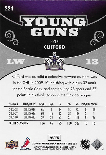 Signed Kyle Clifford Young Guns 2010-11 UD Los Angeles Kings Rookie Card