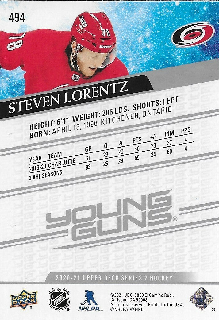 Signed Steven Lorentz Young Guns 2020-21 UD Carolina Hurricanes Rookie Card