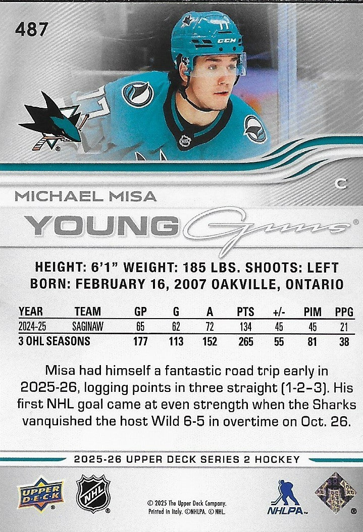 Signed Michael Misa Young Guns 2025-26 UD San Jose Sharks Rookie Card