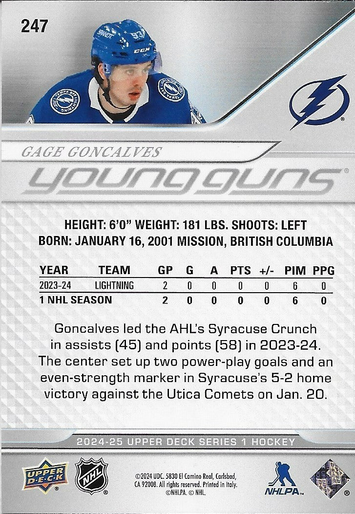 Signed Gage Goncalves Young Guns 2024-25 UD Tampa Bay Lightning Rookie Card