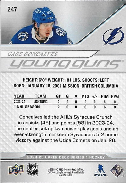Signed Gage Goncalves Young Guns 2024-25 UD Tampa Bay Lightning Rookie Card