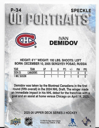 Ivan Demidov Montreal Canadiens UD  S2 Portraits Speckle 2025-26 Card P-34