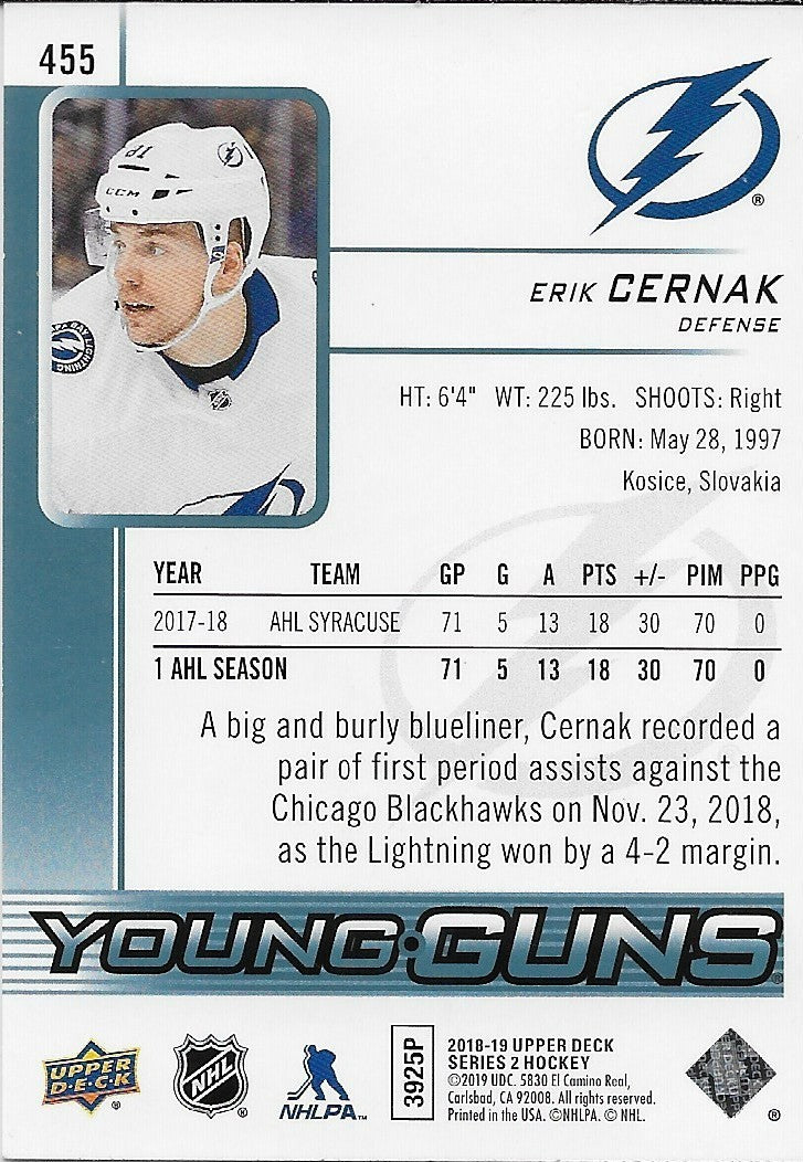 Signed Erik Cernak Young Guns 2018-19 UD Tampa Bay Lightning Rookie Card