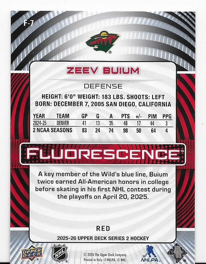 Zeev Buium Fluorescence Minnesota Wild Upper Deck S2 2025-26 Card F-7