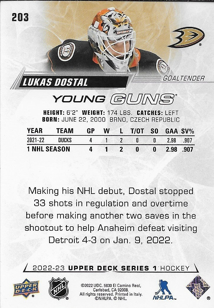 Signed Lukas Dostal Young Guns 2022-23 UD Anaheim Ducks Rookie Card