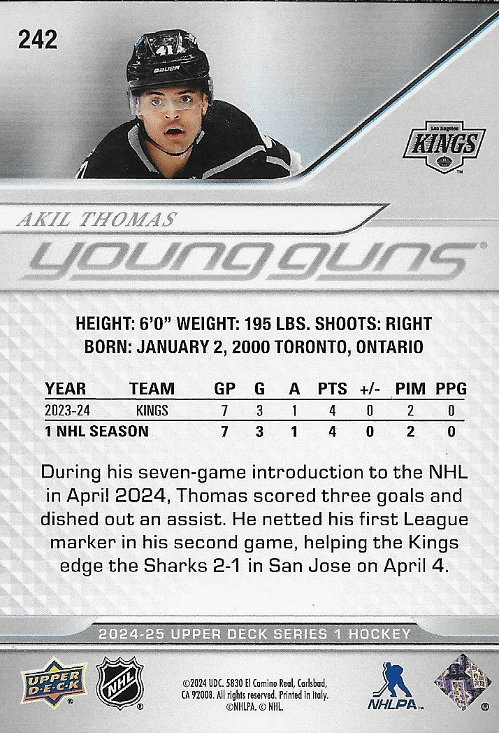 Signed Akil Thomas Young Guns 2024-25 UD Los Angeles Kings Rookie Card