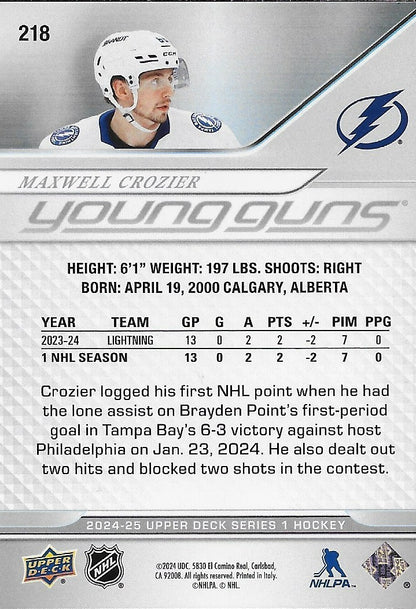 Signed Maxwell Crozier Young Guns 2024-25 UD Tampa Bay Lightning Rookie Card