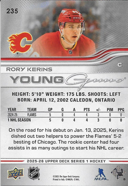 Signed Rory Kerins Young Guns 2025/26 UD Calgary Flames Rookie Card #2