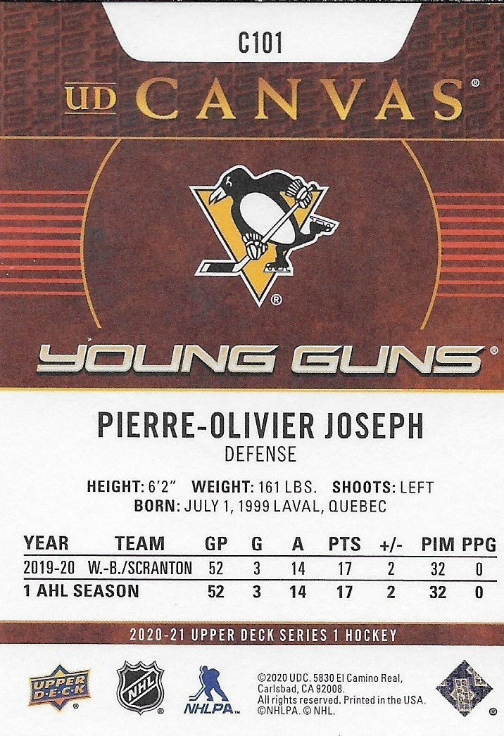 Signed Pierre Olivier Joseph Young Guns Canvas 20-21 UD Pittsburgh Penguins Card