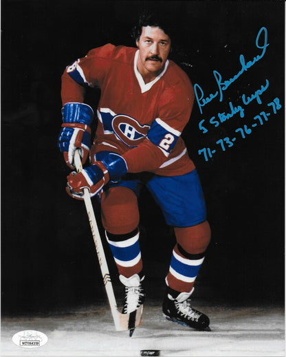 Signed Pierre Bouchard Montreal Canadiens 8x10 #2 Inscribed 5 Stanley Cups w JSA
