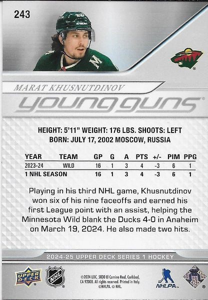 Signed Marat Khusnutdinov Young Guns 2024-25 UD Minnesota Wild Rookie Card