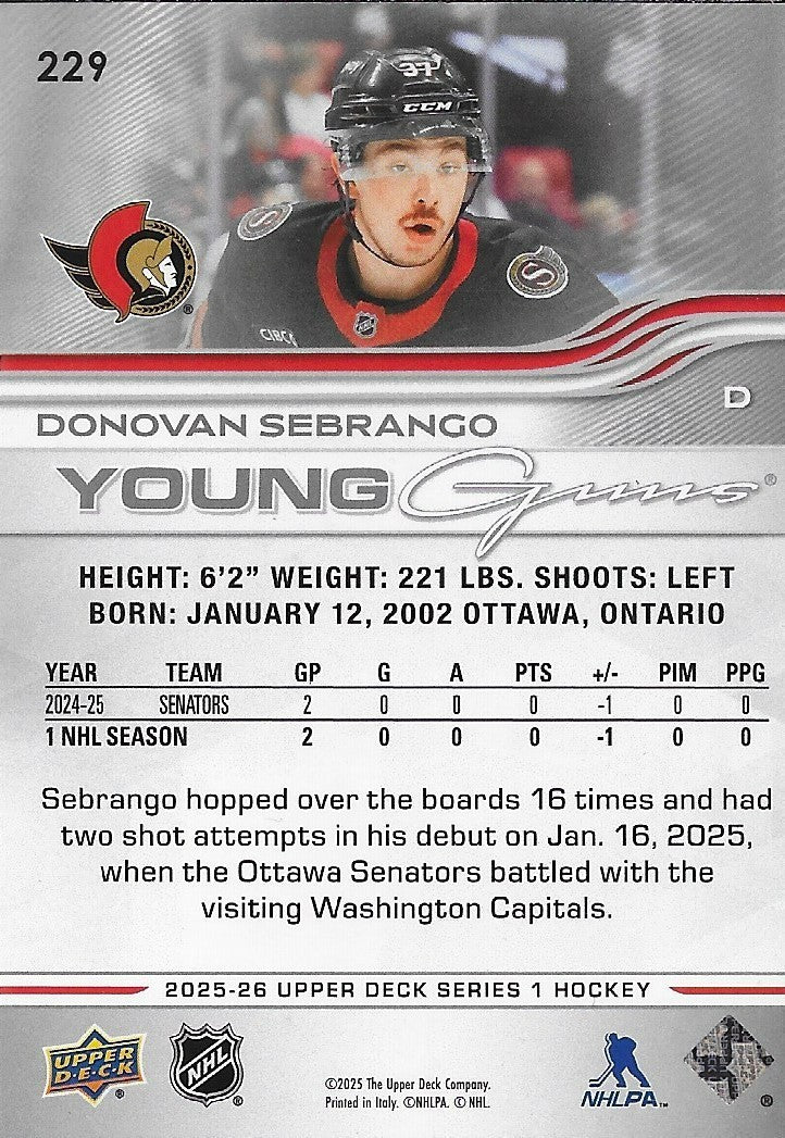 Signed Donovan Sebranco Young Guns 2025-26 UD Ottawa Senators Rookie Card