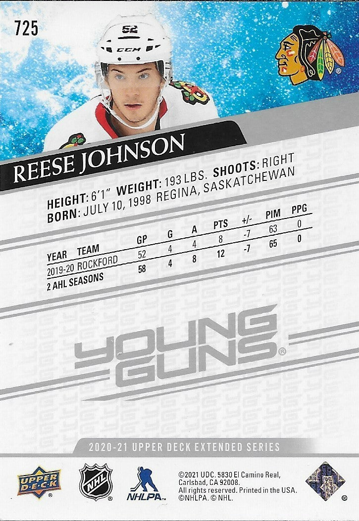 Signed Reese Johnson Young Guns 20-21 UD Chicago Blackhawks Rookie Card