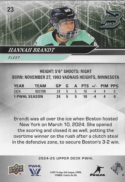 Signed Hannah Brandt PWHL 24/25 UD Boston Fleet Autographed Card #1 Original