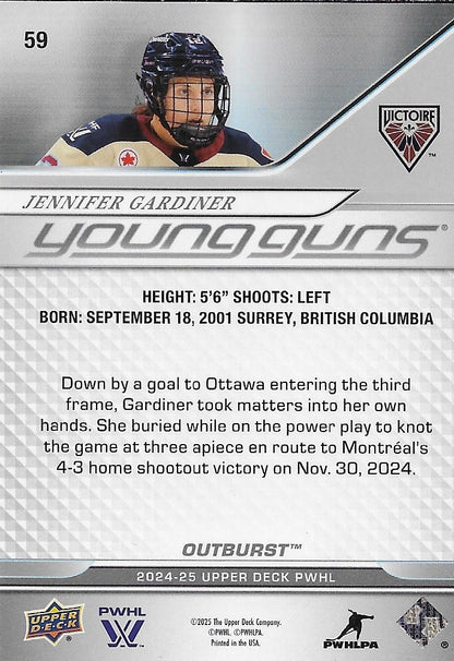 Signed Jennifer Gardiner 24-25 UD Young Guns OUTBURST PWHL Victoire Rookie Card