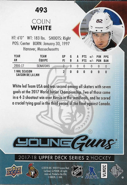 Signed Colin White Young Guns 2017-18 UD Ottawa Senators Autographed Rookie Card