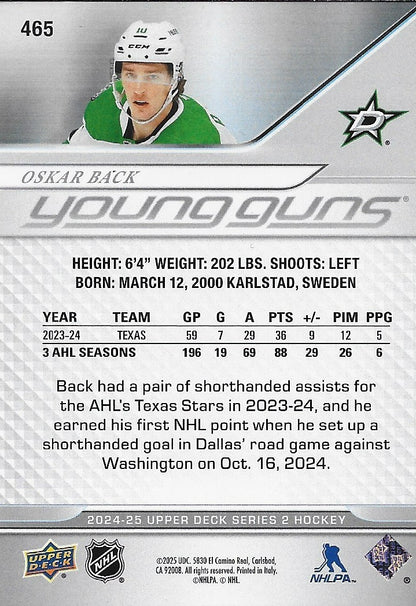 Signed Oskar Back Young Guns 2024-25 UD Dallas Stars Rookie Card
