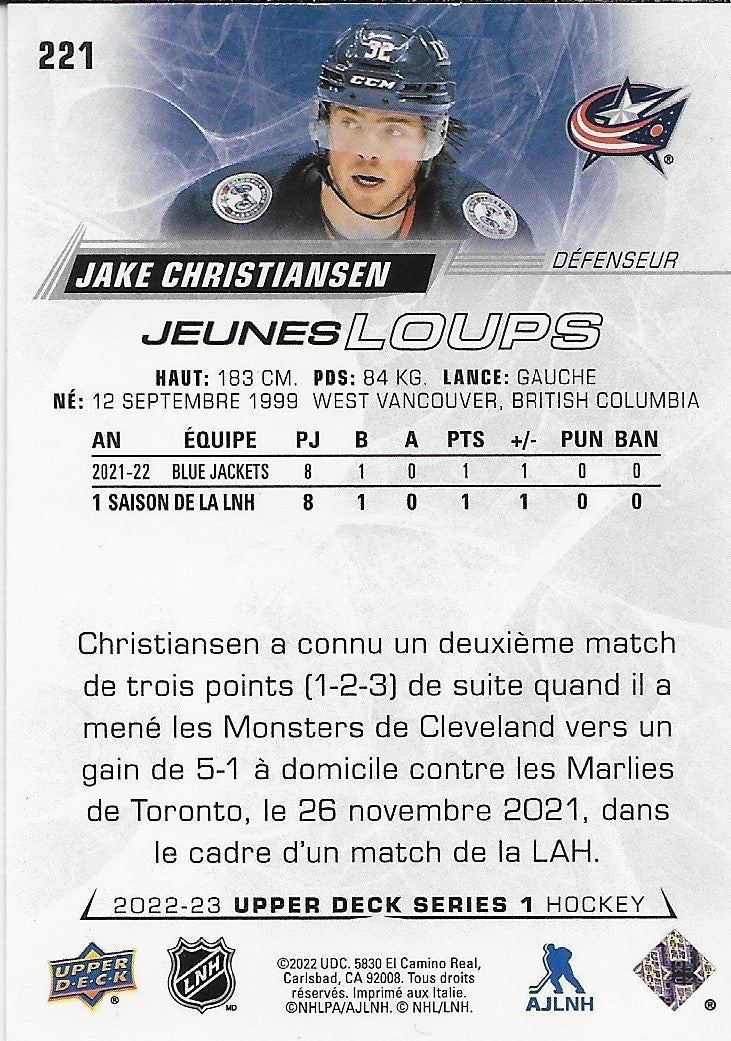 Signed Jake Christiansen Jeunes Loups 22-23 UD Columbus Blue Jackets Rookie Card