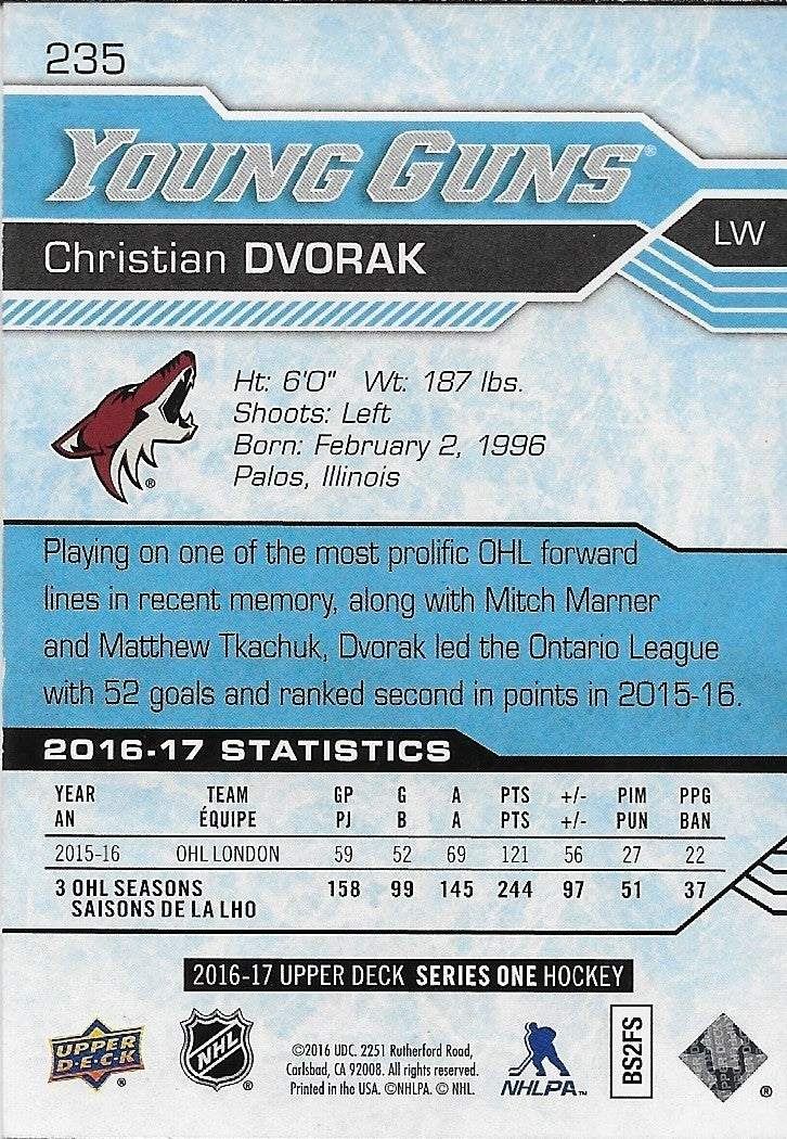 Signed Christian Dvorak Young Guns 2016-17 UD Arizona Coyotes Rookie Card