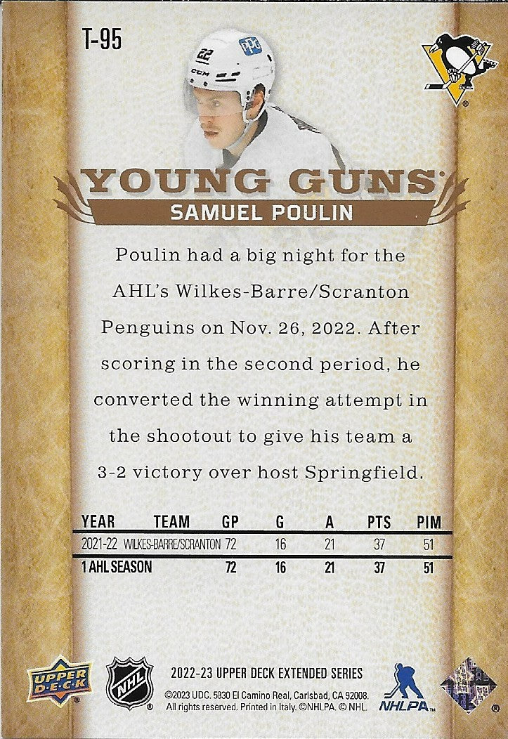 Signed Samuel Poulin 22-23 UD Young Guns Extended Pittsburgh Penguins Rookie Crd