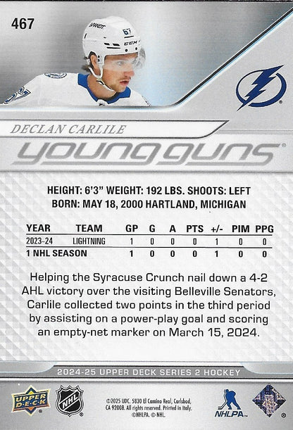 Signed Declan Carlile Young Guns 2024-25 UD Tampa Bay Lightning Rookie Card