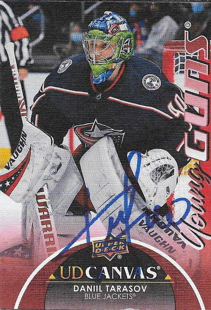 Signed Daniil Tarasov Canvas Young Guns 21-22 UD Columbus Blue Jackets Rookie Cd