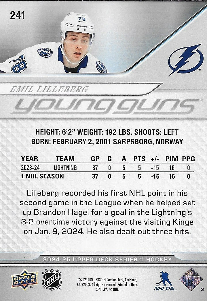 Signed Emil Lilleberg Young Guns 2024-25 UD Tampa Bay Lightning Rookie Card