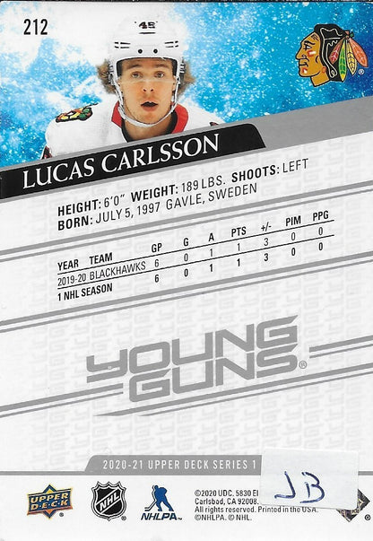 Signed Lucas Carlsson Young Guns 20-21 UD Chicago Blackhawks Rookie Card