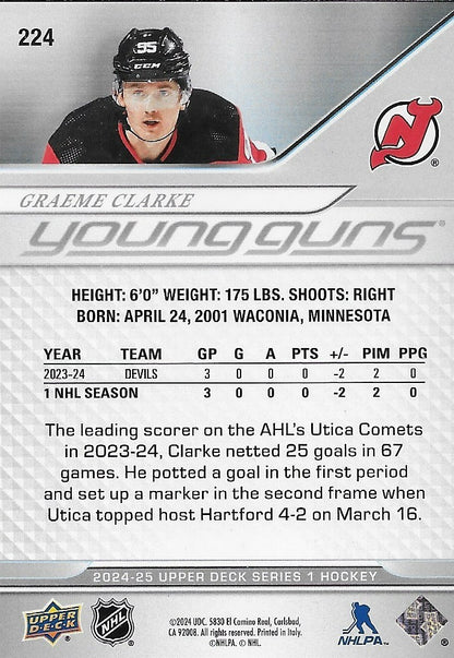 Signed Graeme Clarke Young Guns 2024/25 UD New Jersey Devils Rookie Card