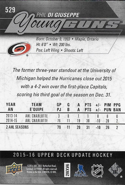 Signed Phil Di Giuseppe Young Guns 2015-16 UD Carolina Hurricanes Rookie Card