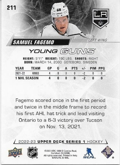 Autographed 2022-23 UD Los Angeles Kings Young Guns Samuel Fagemo Rookie Card