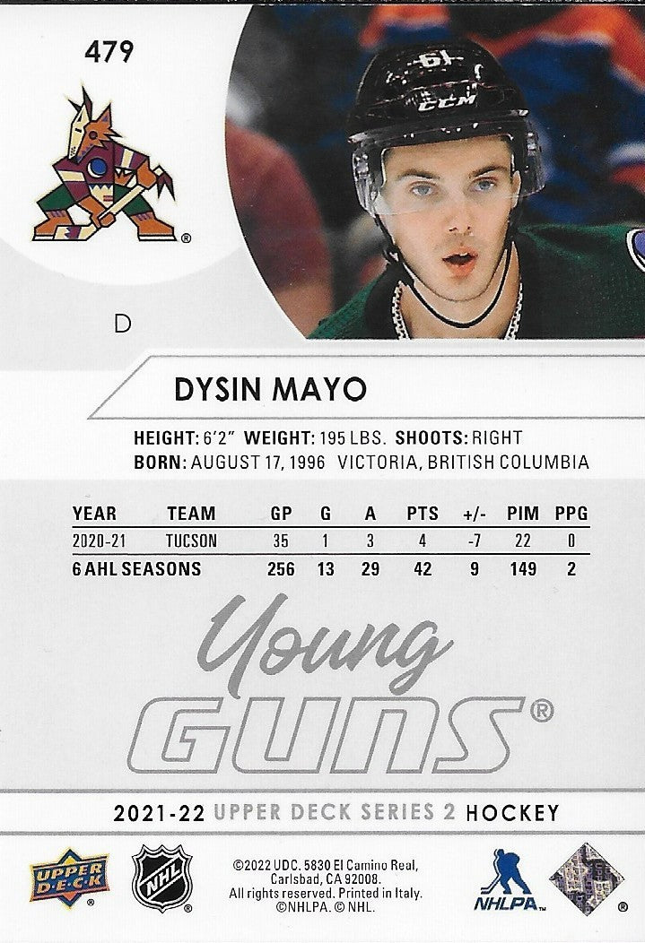 Signed Dysin Mayo Young Guns 2021-22 UD Arizona Coyotes Rookie Card