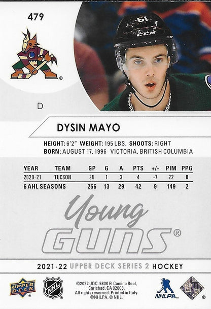 Signed Dysin Mayo Young Guns 2021-22 UD Arizona Coyotes Rookie Card
