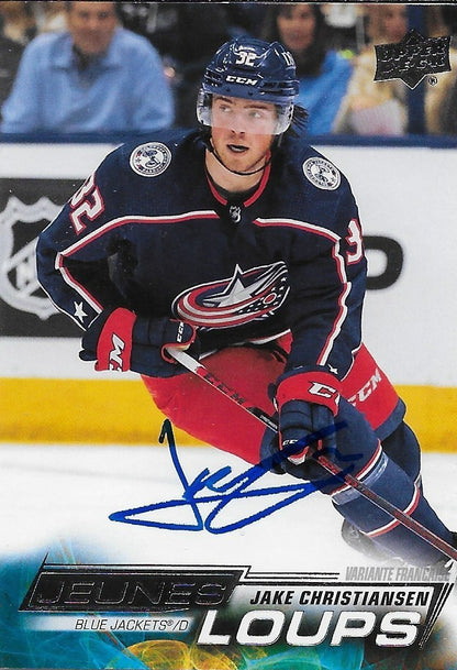 Signed Jake Christiansen Jeunes Loups 22-23 UD Columbus Blue Jackets Rookie Card